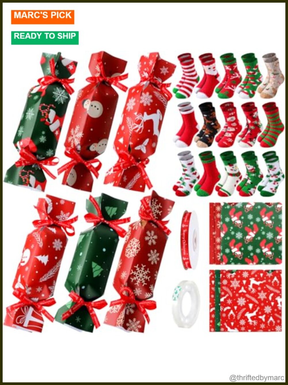 30 Pairs Fuzzy Christmas Socks Gift Set Candy Wrapper Ribbon